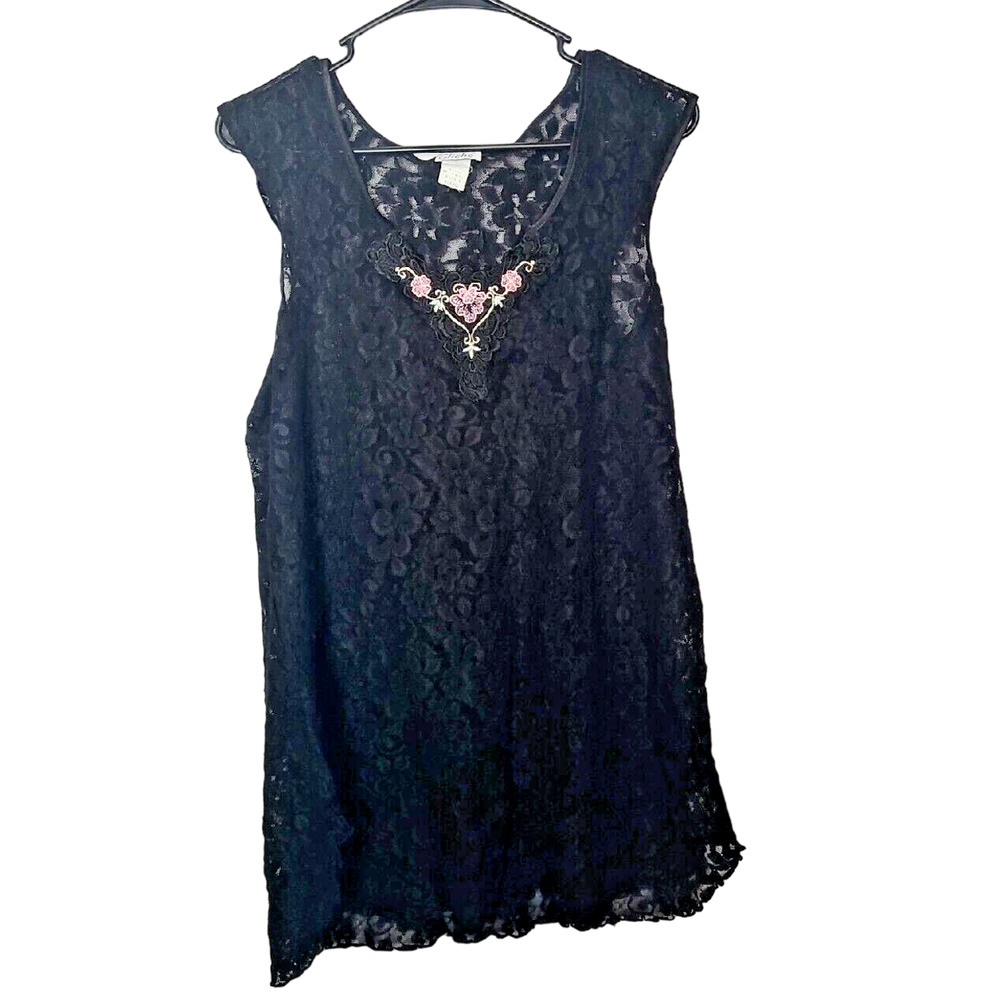 Cliche Black Embroidered Floral Lace Mesh Sheer Nightgown Lingerie‎ Womans XL